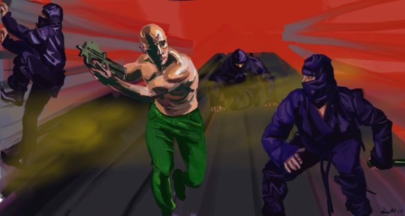Against the ninja! Digital painting inspired by Bad Dudes and the Miami Connection.